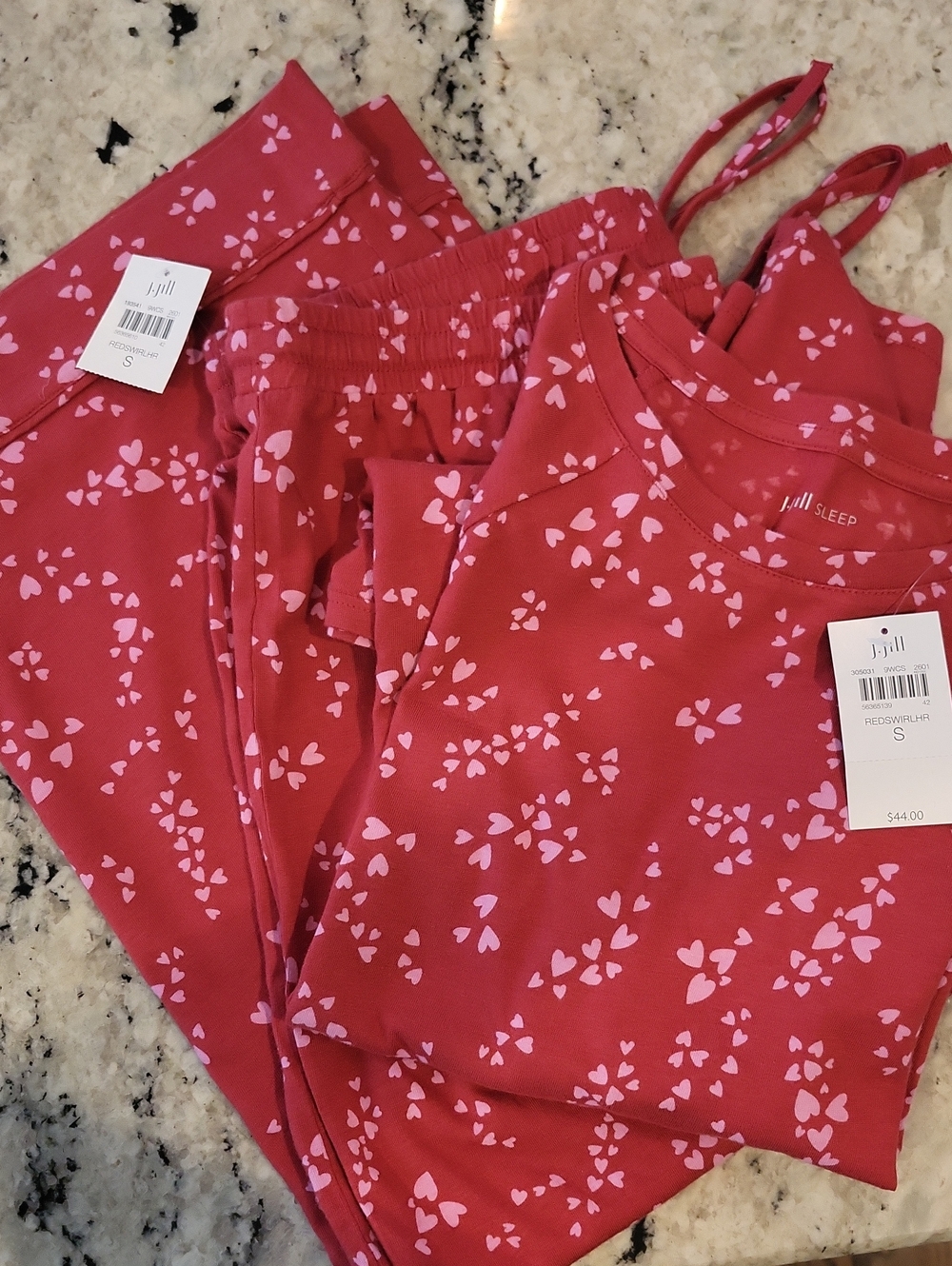 J. Jill Red Pajama Set with Pink Heart Print NWT